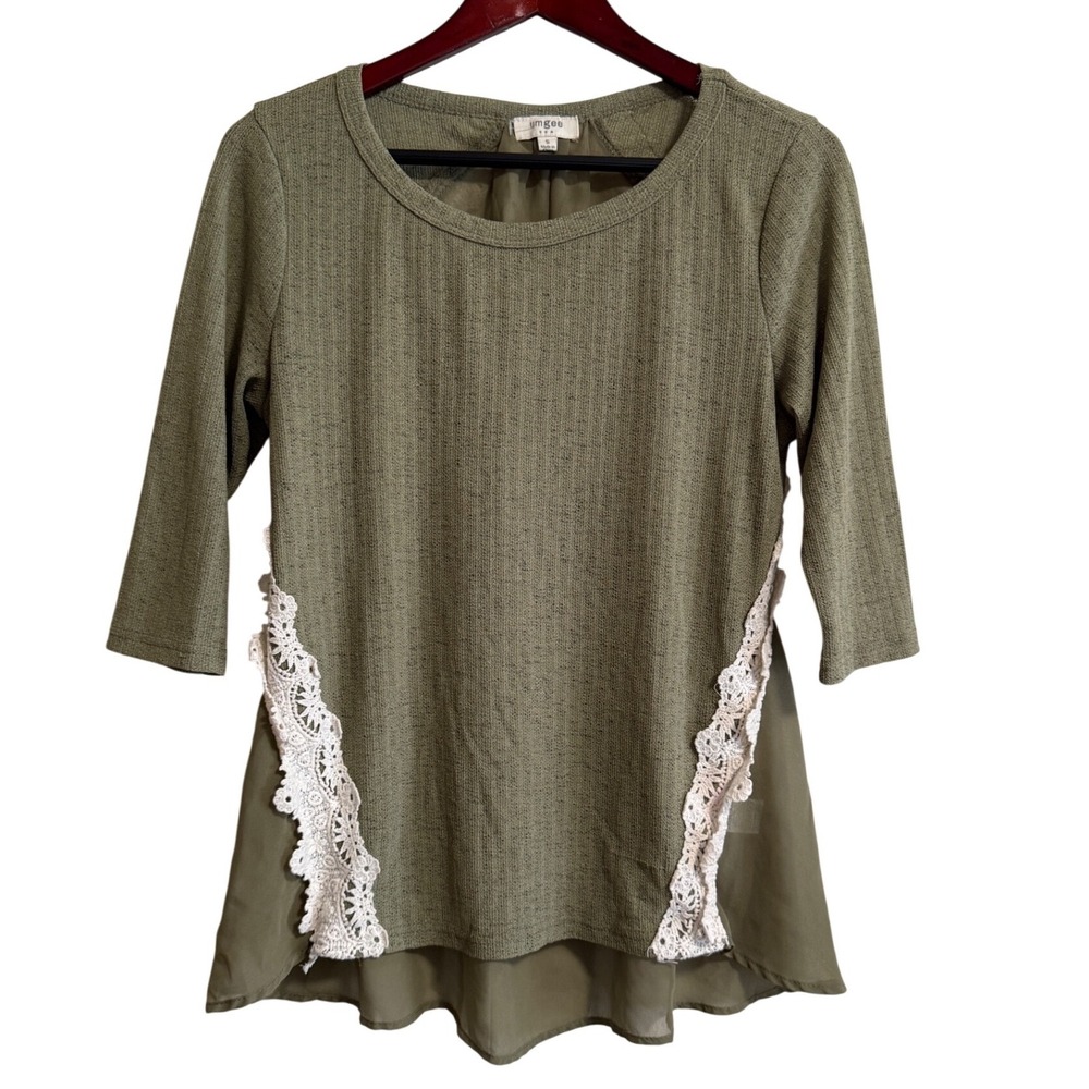 Umgee USA Olive Green Lace Mixed Media Chiffon Back Boho Top Small